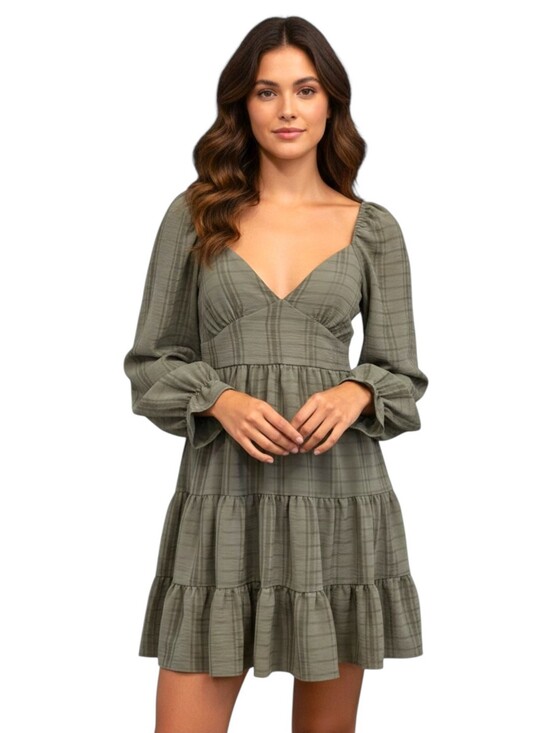 Altar'd State Dresses & Skirts - Altar'd State Natalie Plaid Tiered Mini Dress in Vetiver / Sage Green